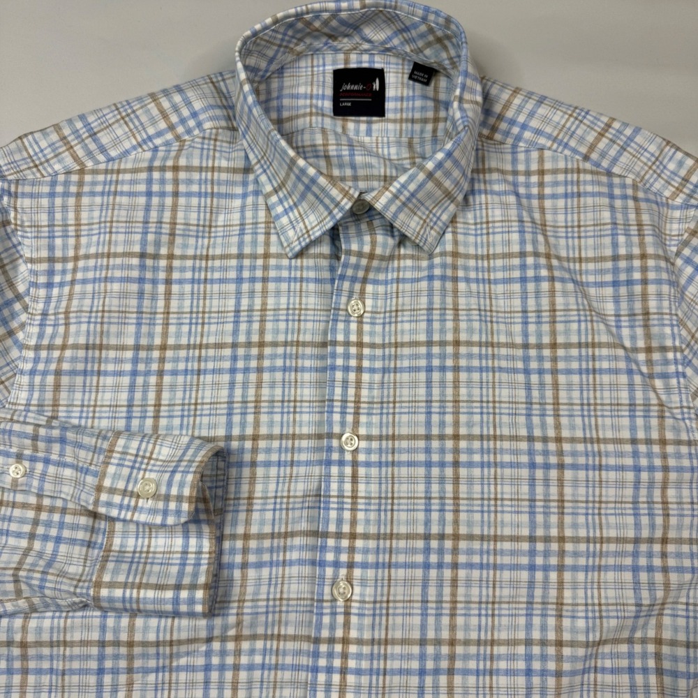 Johnnie-O Performance Shirt Mens Large Blue Tan Plaid Stretch Long Sleeve Button